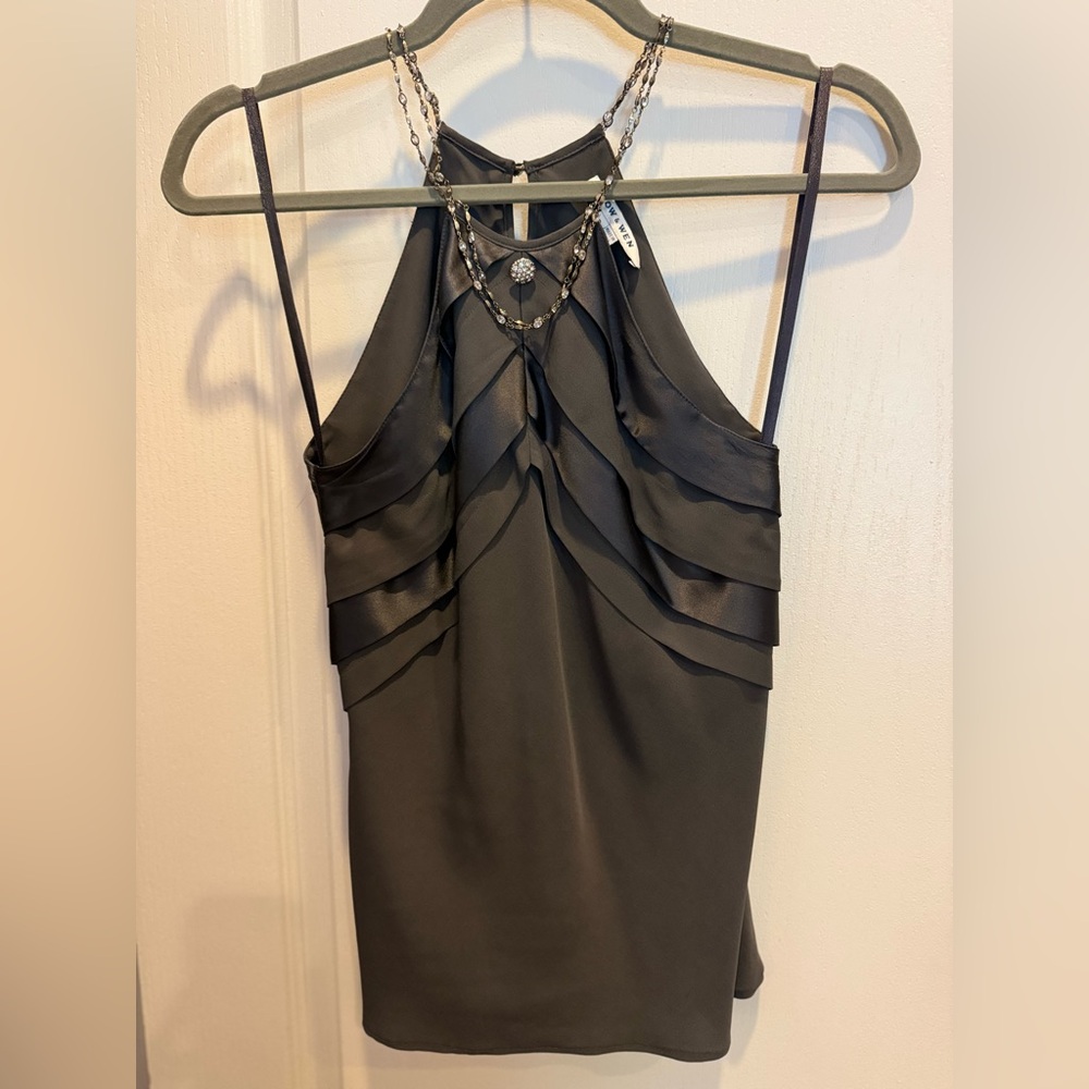 HOW AND WEN Silk Satin Camisole Top Sequin Beaded Embellishments Size 6 Dk Gray